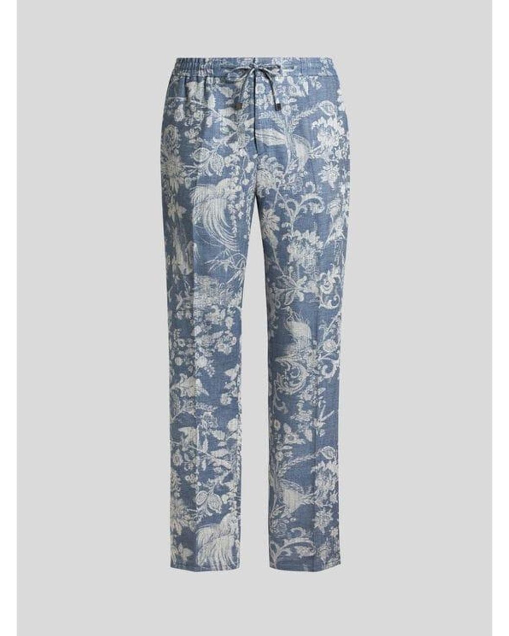Etro Blue Cotton Jacquard Jogging Trousers With Floral Motif for men