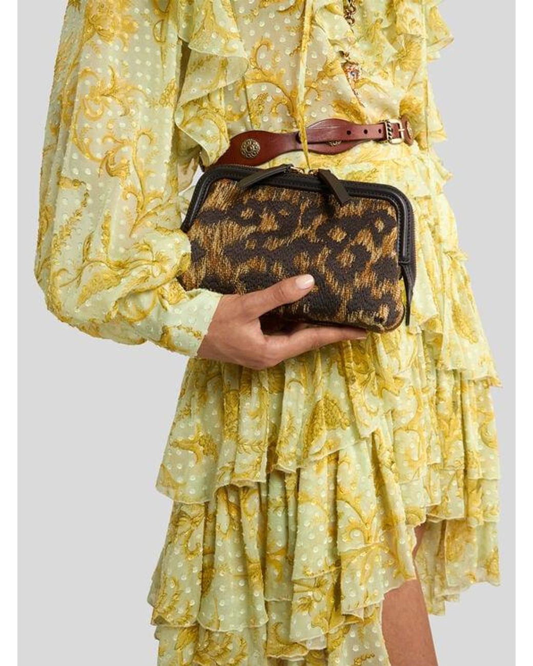 Etro Brown Raffia Doc Pouch With Animal Embroidery