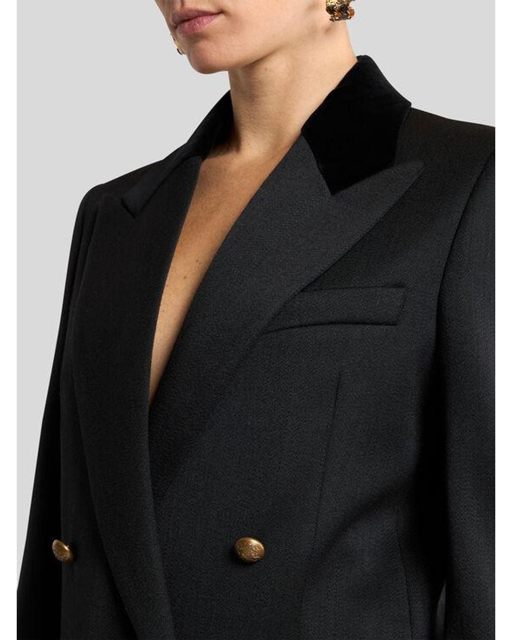 Etro Black Double-Breasted Wool Jacket With Velvet Insert