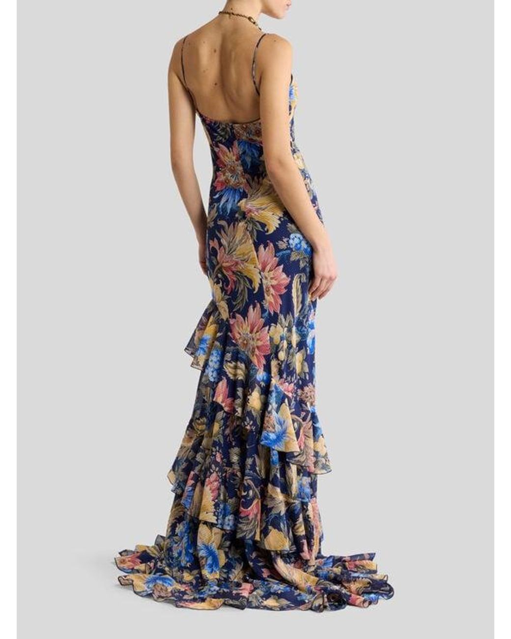 Etro White Long Seersucker Dress With Ruffles And Floral Motif
