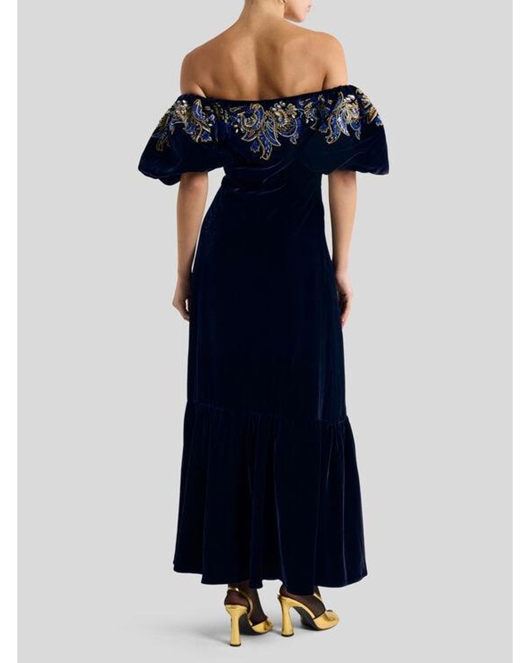 Etro Black Long Velvet Dress With Paisley Foliage Embroidery