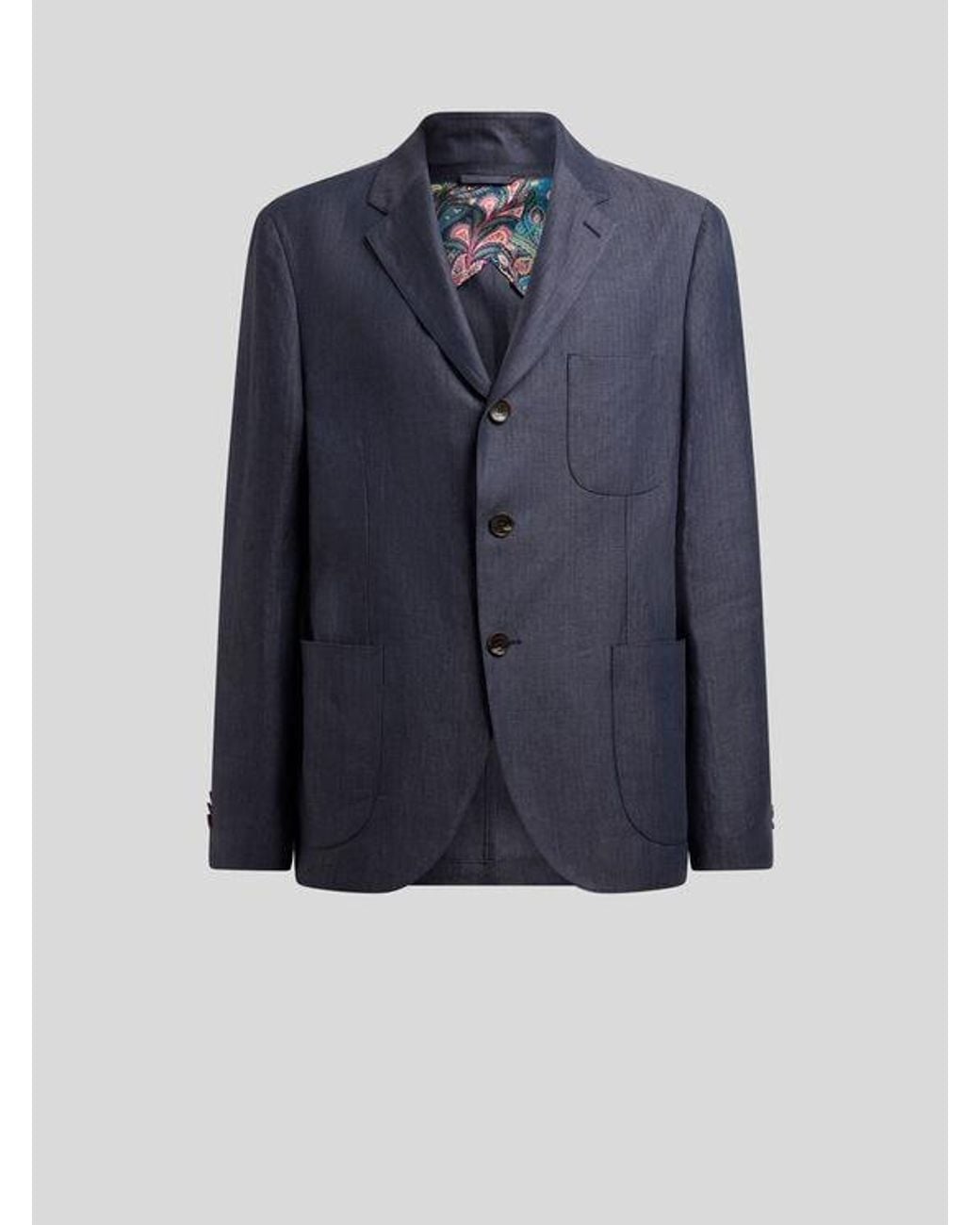 Etro Blue Single-Breasted Linen Jacket With Chevron Motif for men
