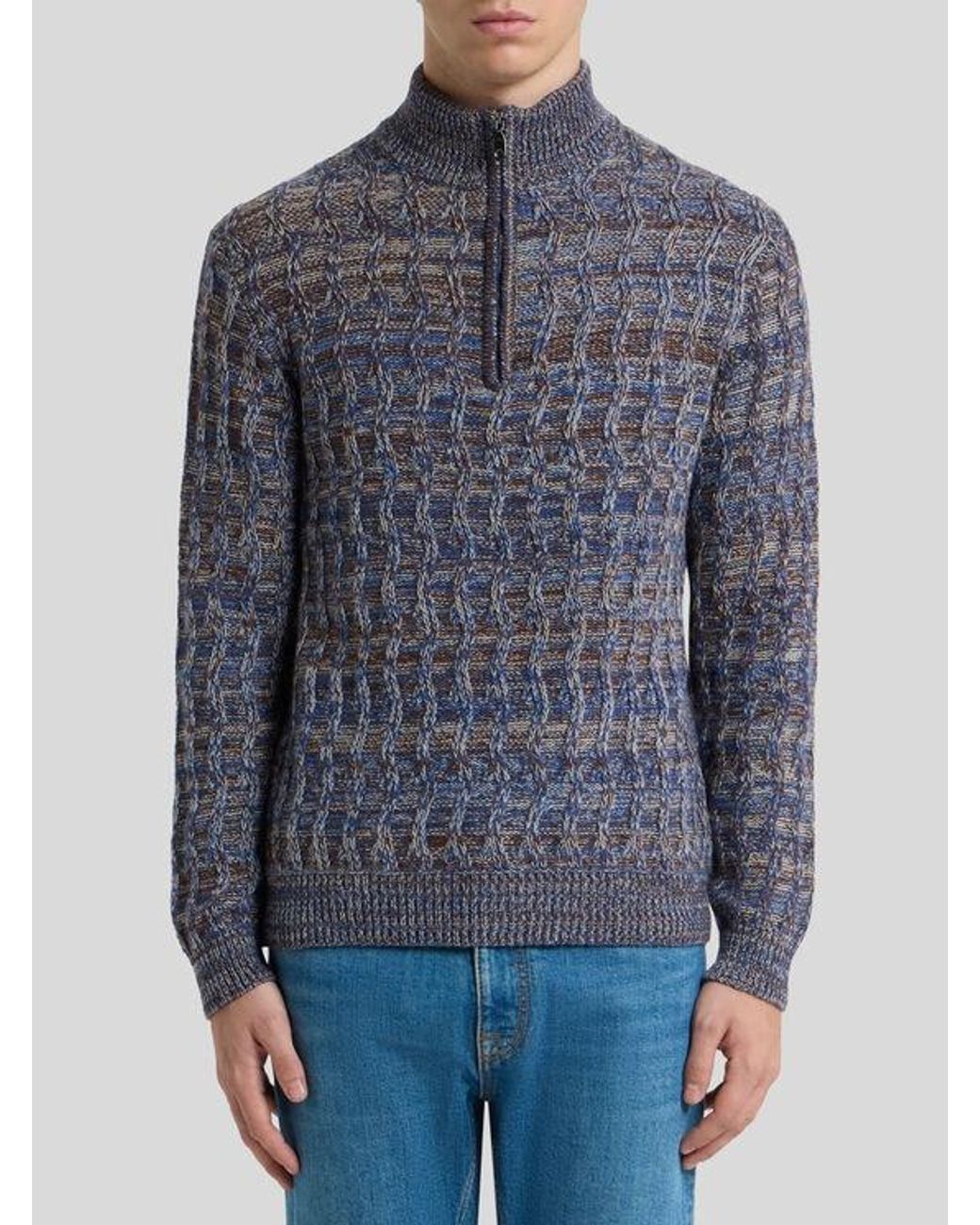 Etro Blue Cable-Knit Cashmere Sweater With Zip for men