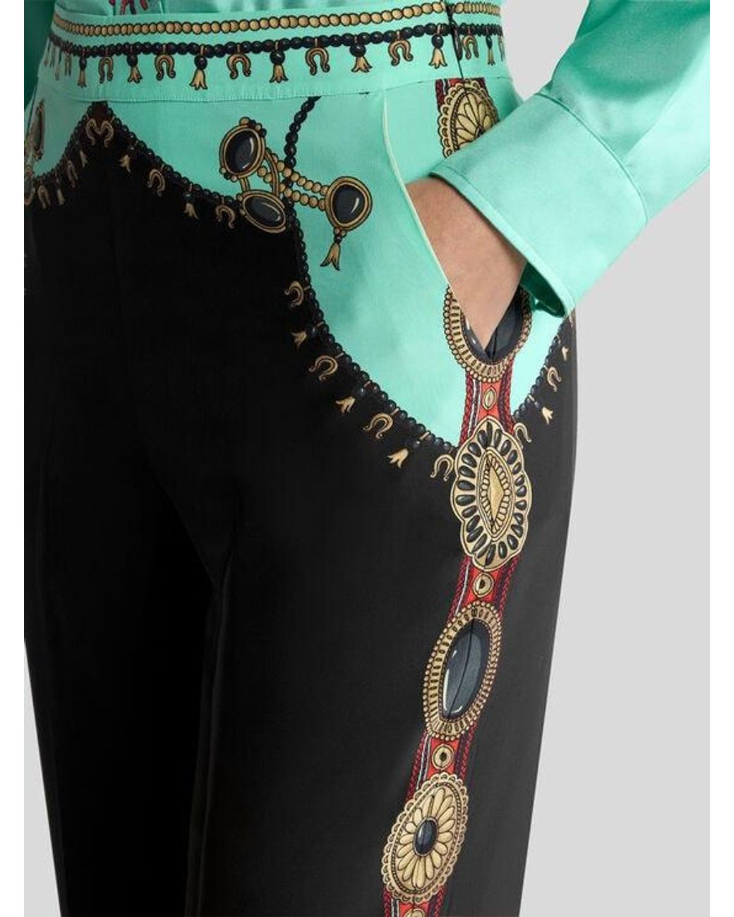 Etro Black Straight-Leg Silk Trousers With Placed Jewellery Print