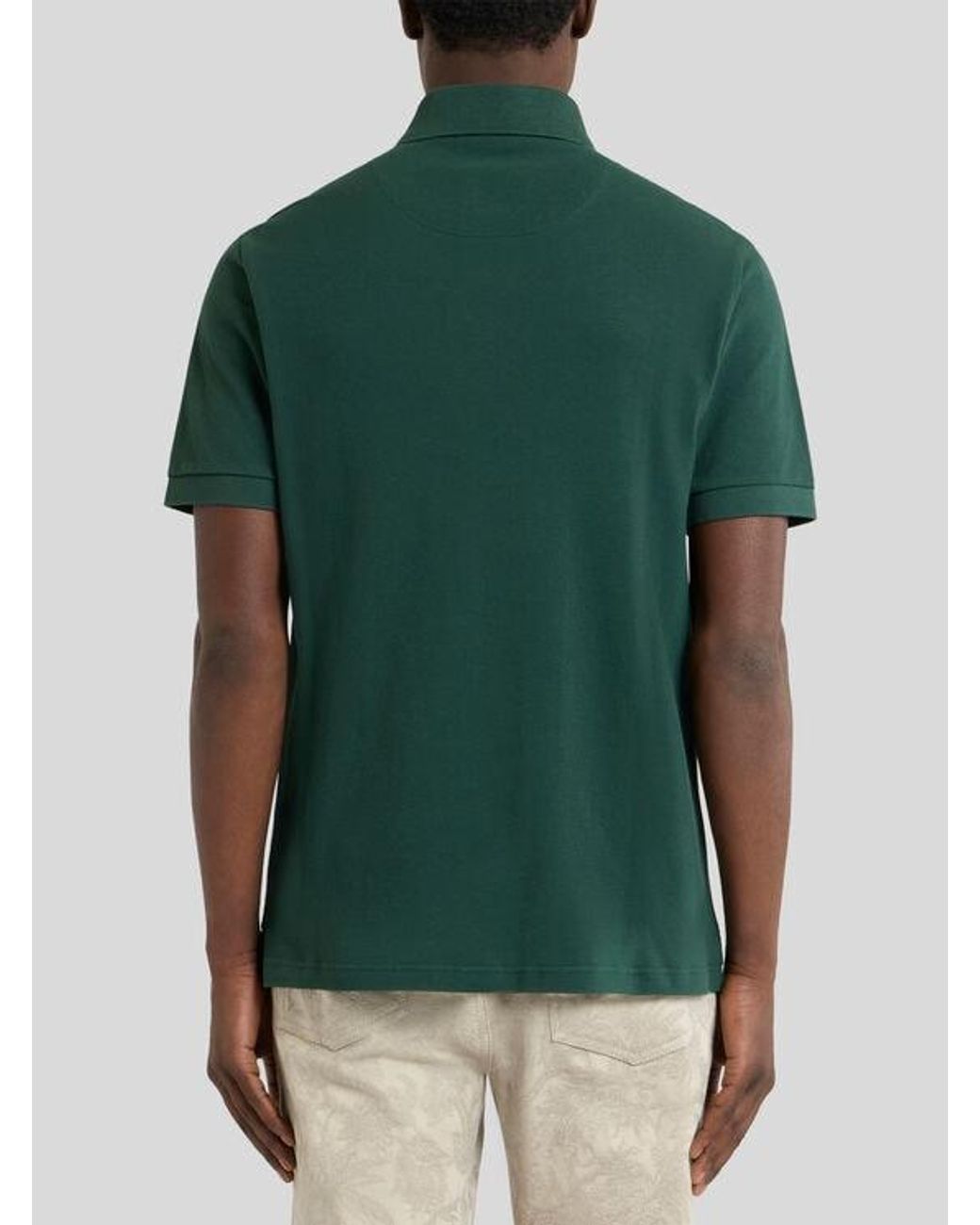 Etro Green Plain-Coloured Cotton Polo Shirt With Printed Details for men