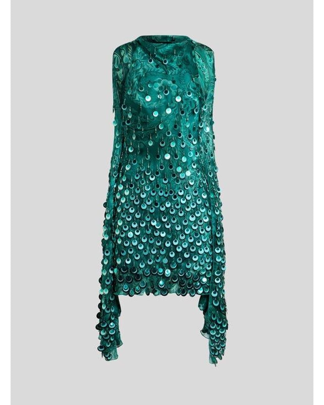 Etro Green Silk Mini Dress With Sequin Embroidery