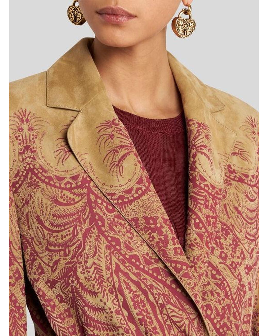 Etro Natural Suede Coat With Placed Print
