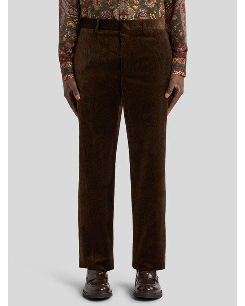 Etro Brown Straight-Leg Cotton Velvet Trousers With Arnica Motif for men