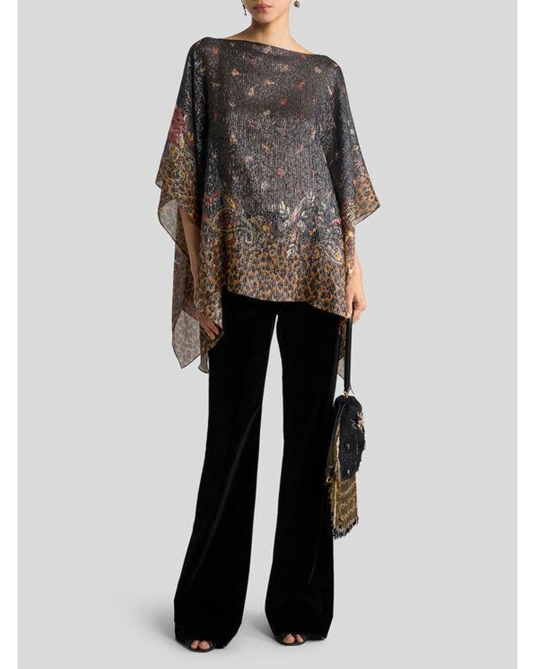 Etro Black Silk Poncho Top With Striped Animal And Floral Paisley Motif