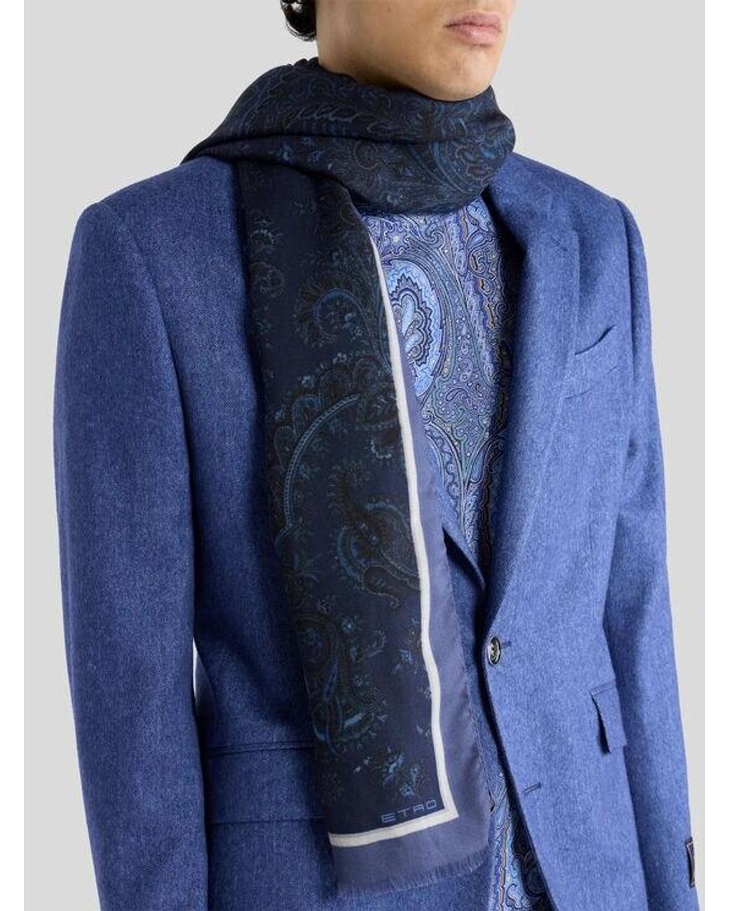Etro Blue Cashmere-Blend Scarf With Floral Paisley Motif for men