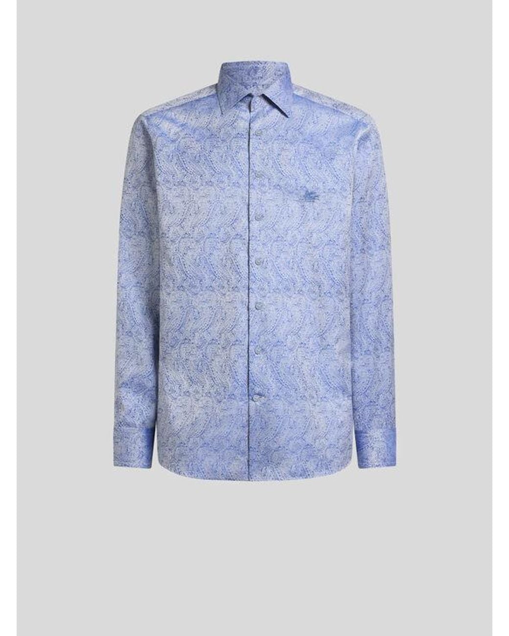 Etro Blue Cotton Jacquard Shirt With Paisley Motif And Pegaso Embroidery for men