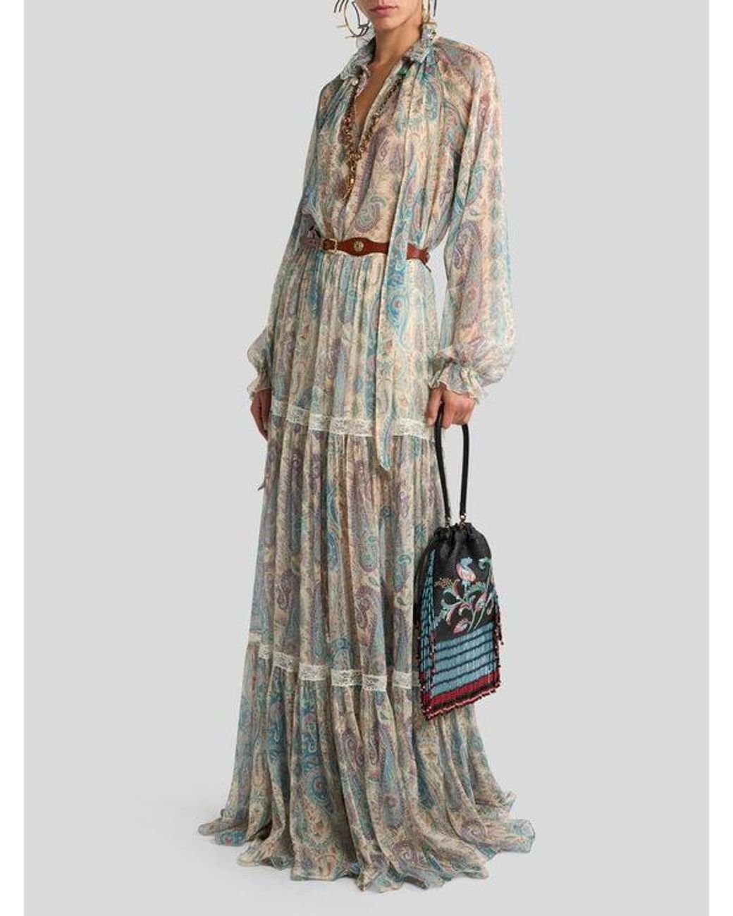 Etro Blue Silk Crepon Blouse With Silk Scarf And Paisley Foliage Motif