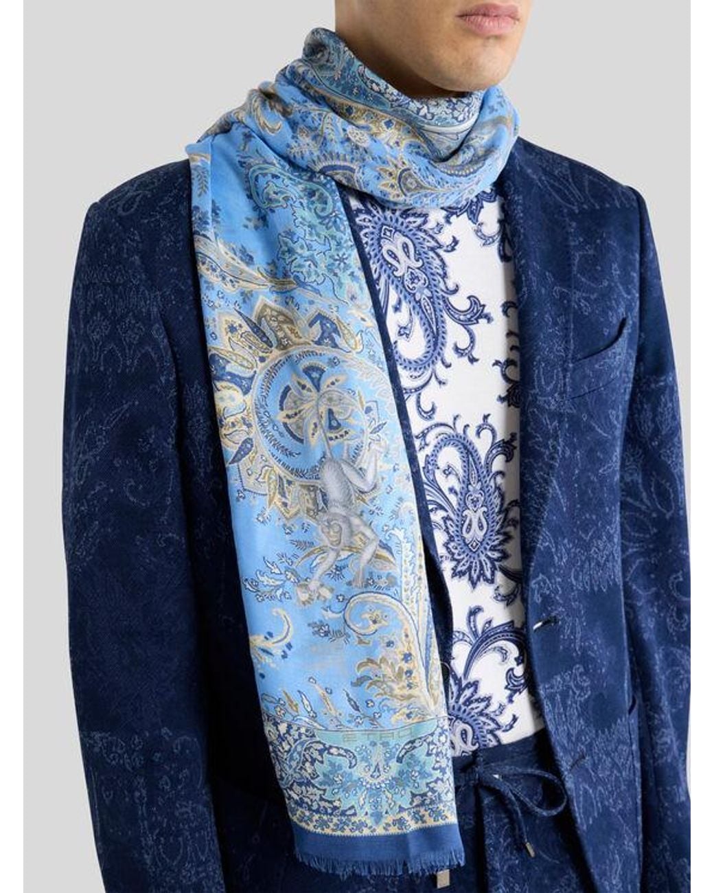 Etro Blue Scarf With Flora And Fauna Motif for men