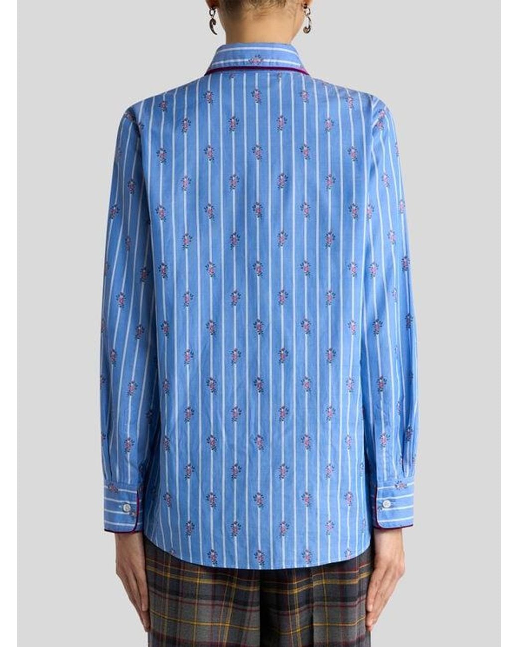 Etro Blue Cotton Jacquard Shirt With Trim And Fil Coupé Stripe And Flower Motif