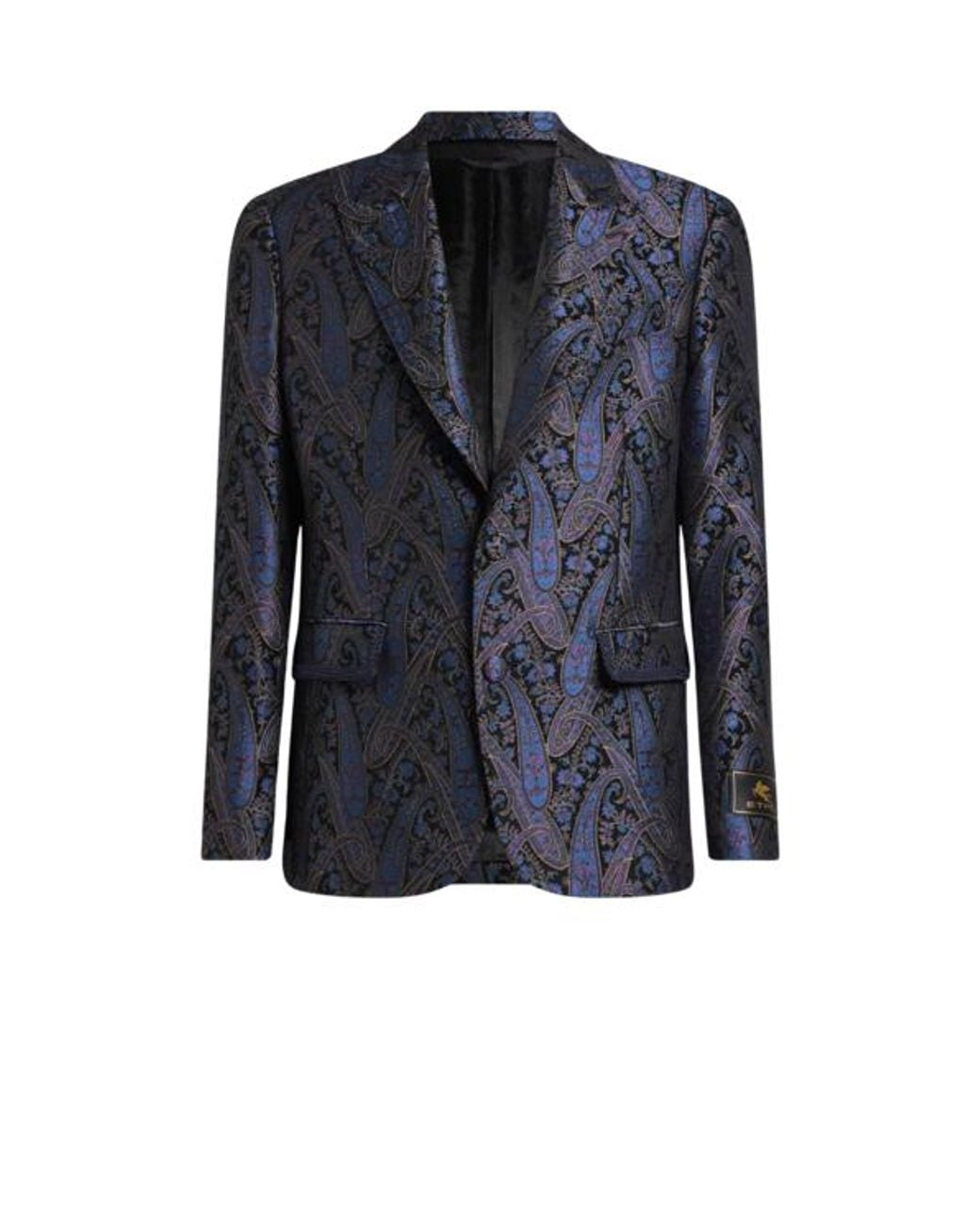 Etro Blue Chenille Jacquard Single-Breasted Jacket With Metallic Paisley Motif for men