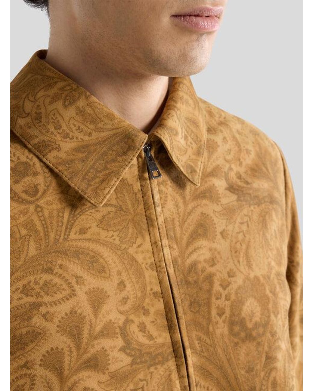 Etro Natural Suede Jacket With Floral Paisley Motif And Zip for men