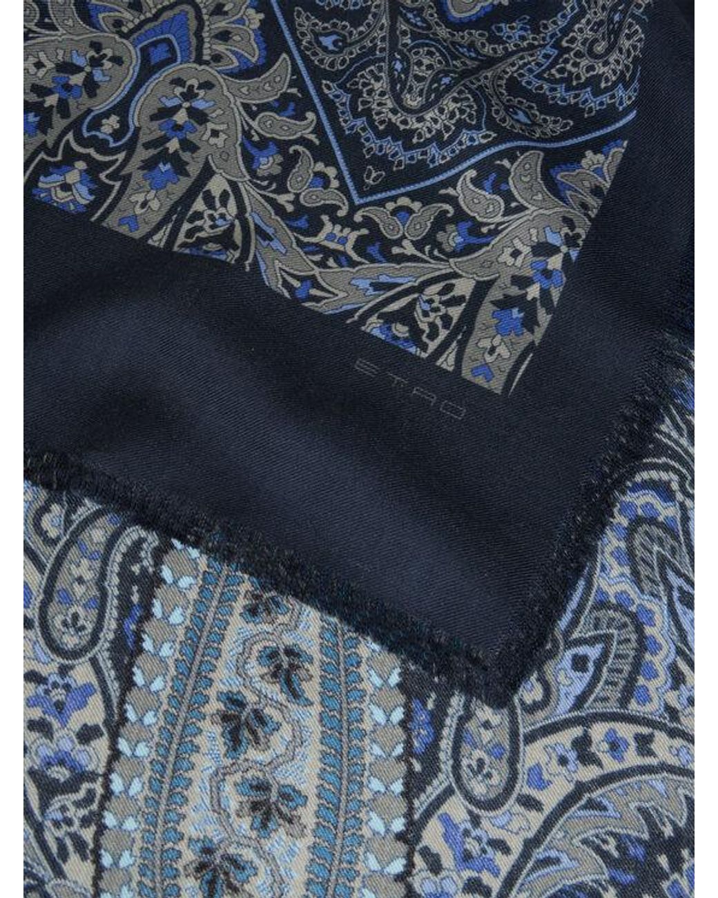 Etro Blue Wool-Blend Scarf With Paisley And Check Motif for men