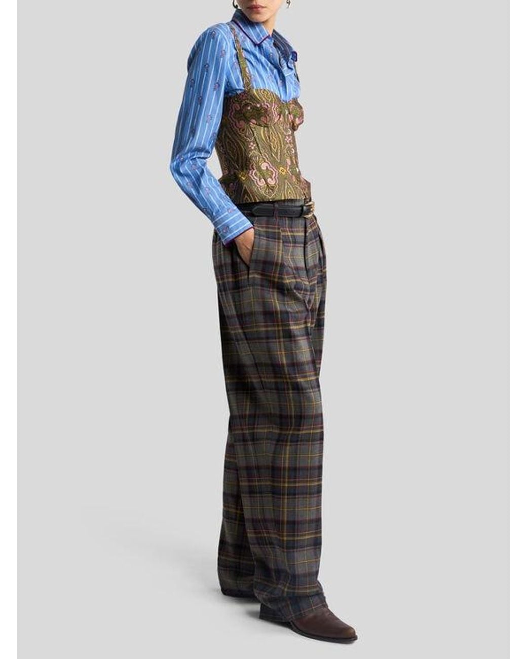 Etro Blue Cotton Jacquard Shirt With Trim And Fil Coupé Stripe And Flower Motif