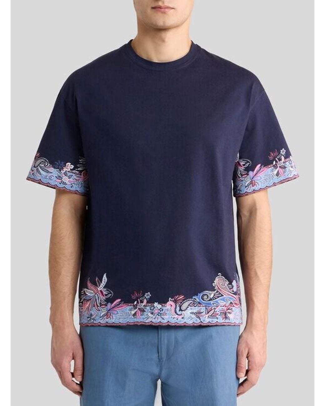 Etro Blue Cotton Jersey T-Shirt With Placed Paisley Print for men