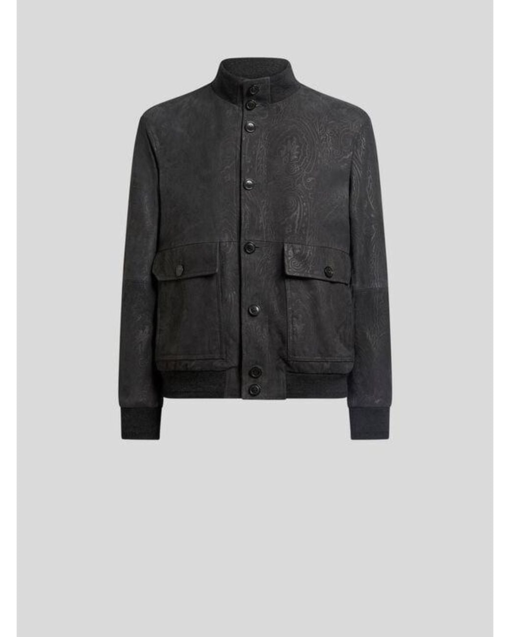 Etro Black Suede Bomber Jacket With Arnica Motif for men