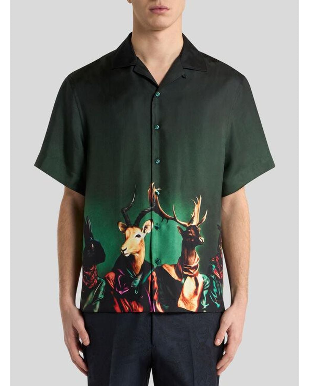 Etro Green Silk Bowling Shirt With Placed Animal Print for men