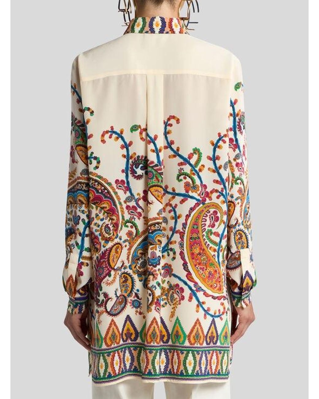Etro White Long Silk Shirt With Placed Floral Paisley Print