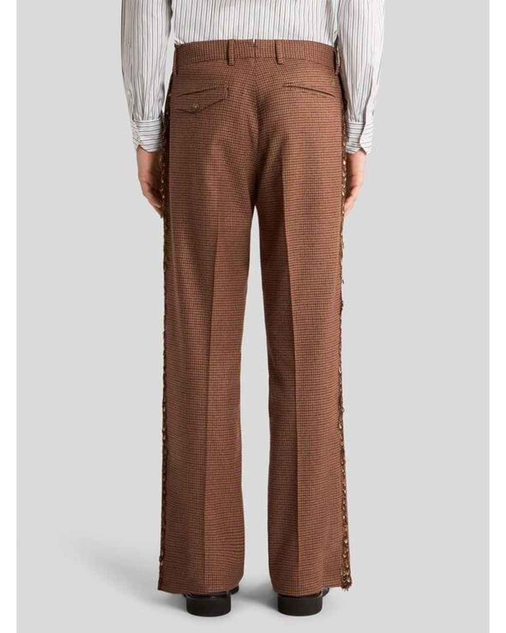 Etro Brown Straight-Leg Wool And Cashmere Trousers With Feathers And Micro Houndstooth Pattern for men
