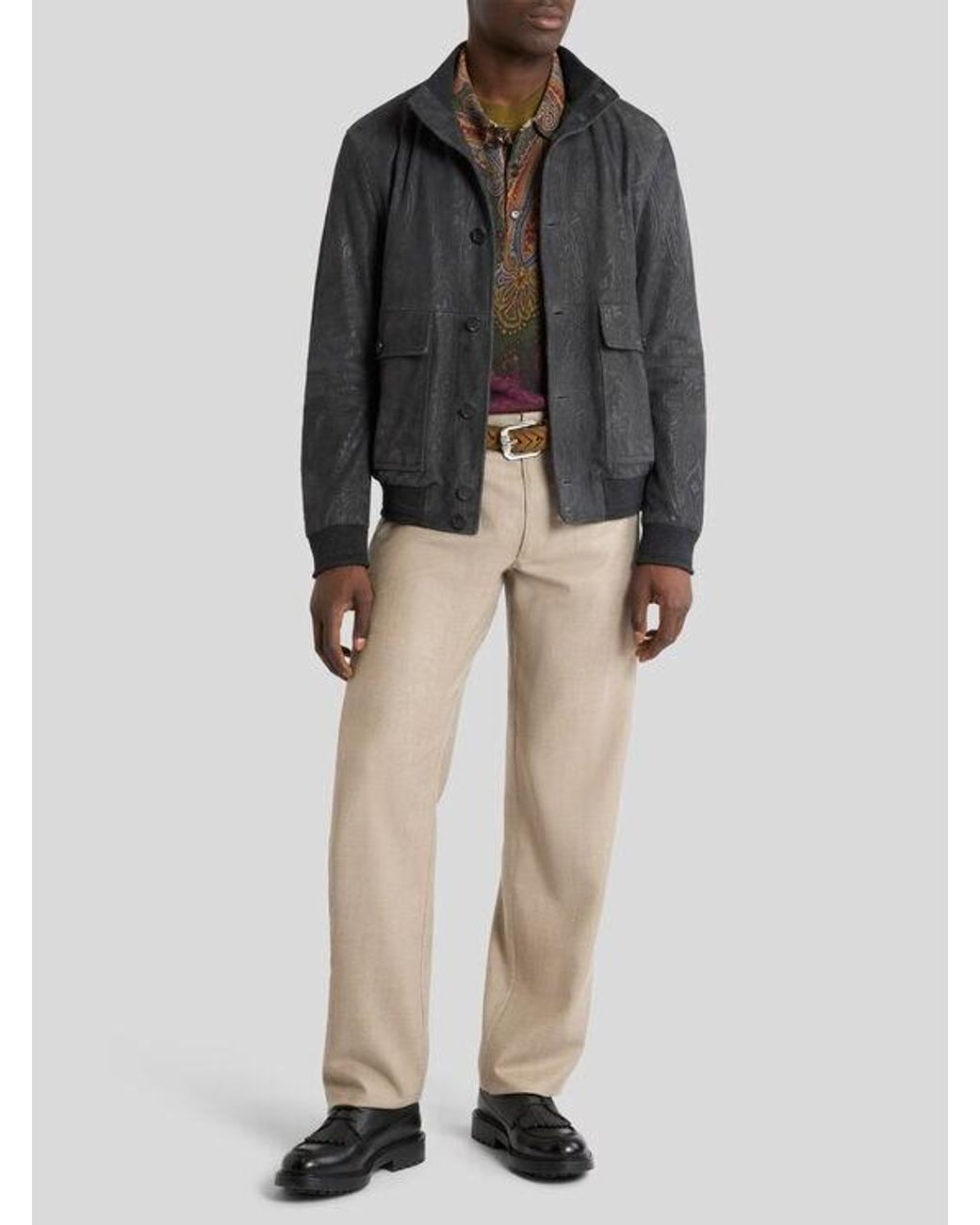 Etro Black Suede Bomber Jacket With Arnica Motif for men