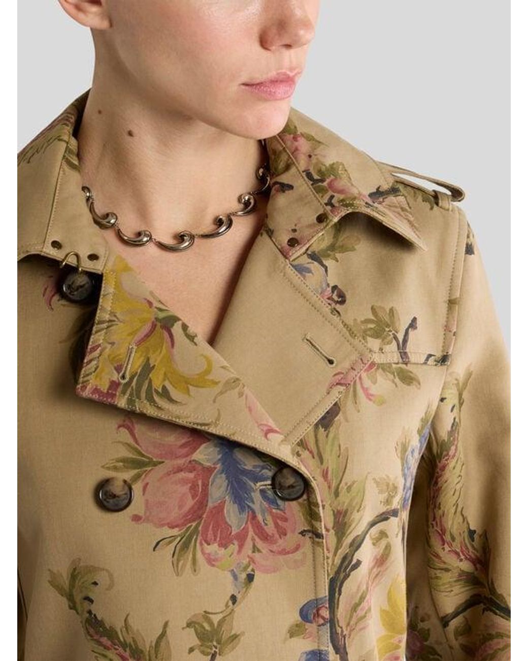 Etro Metallic Cotton Gabardine Trench Coat With Floral Motif