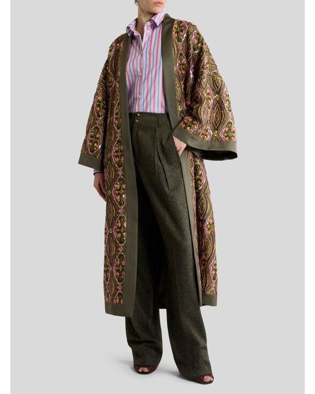 Etro Green Kimono Coat With Beads And Floral Medallion Embroidery