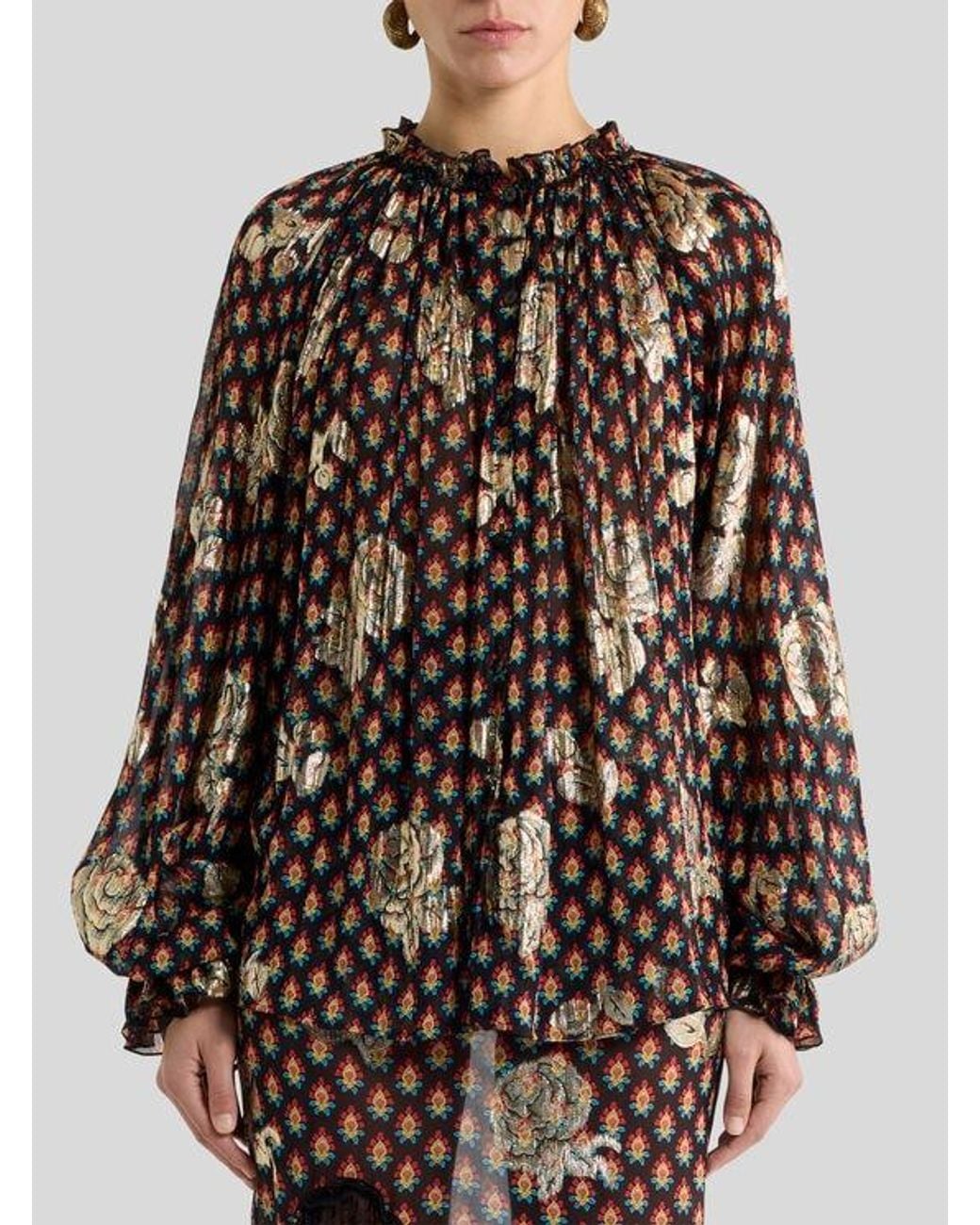 Etro Brown Silk Shirt With Fil Coupé Roses And Tie-Inspired Motif