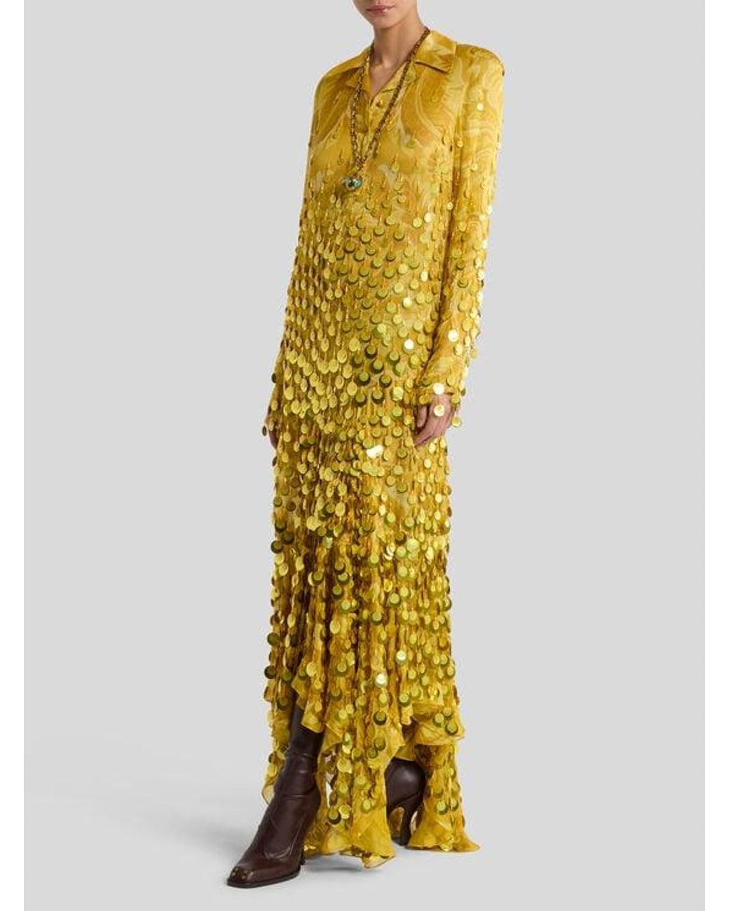 Etro Metallic Long Silk Dress With Sequin Embroidery