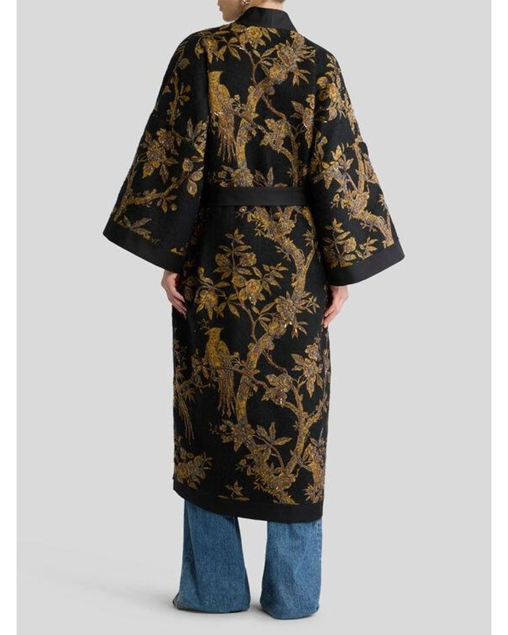 Etro Black Kimono Coat With Beads And Nature Embroidery