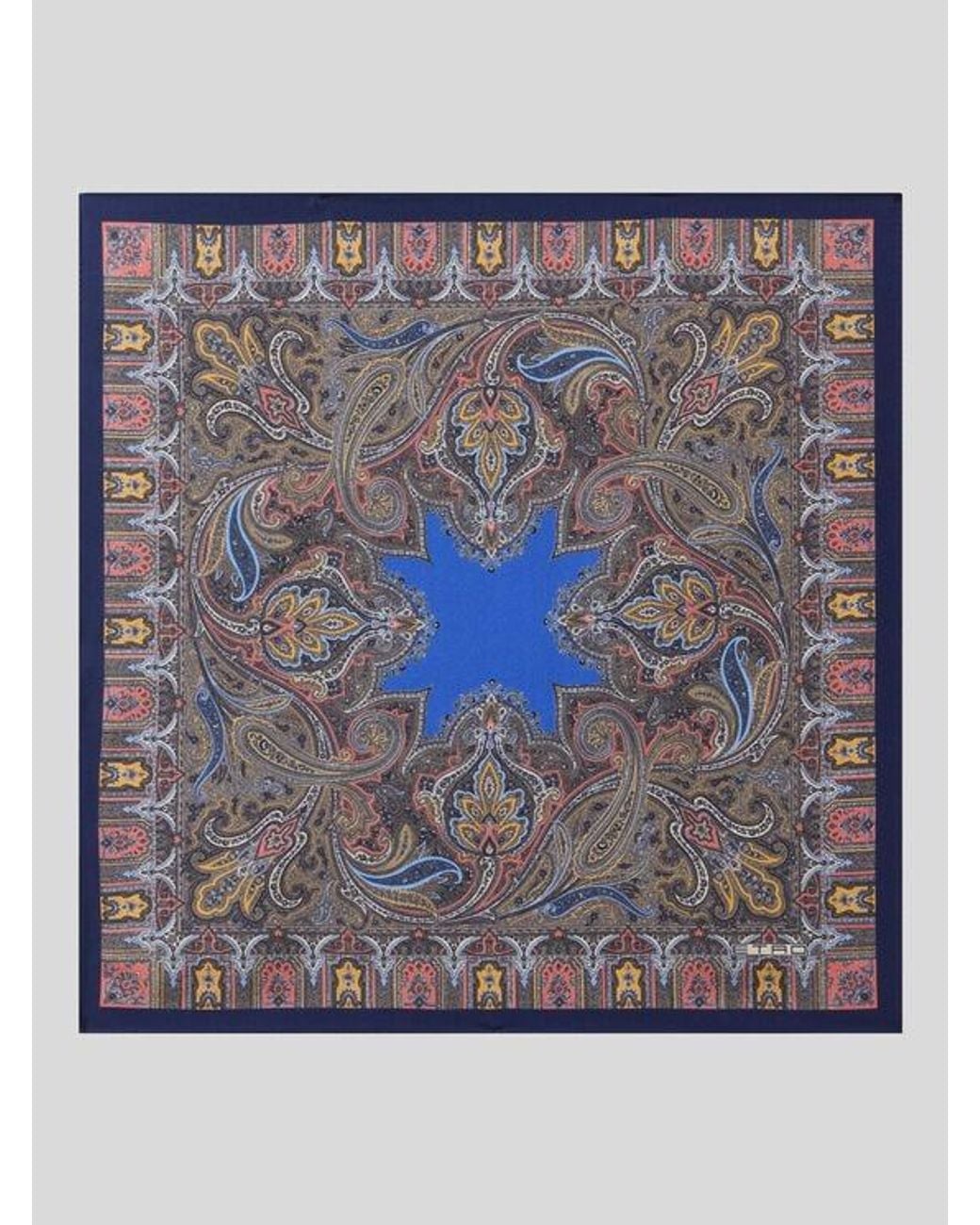 Etro Blue Silk Pocket Square With Geometric Paisley Motif for men