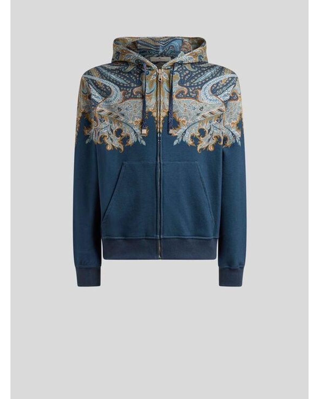 Etro Blue Cotton-Blend Hooded Sweatshirt With Placed Paisley Pochette Print for men