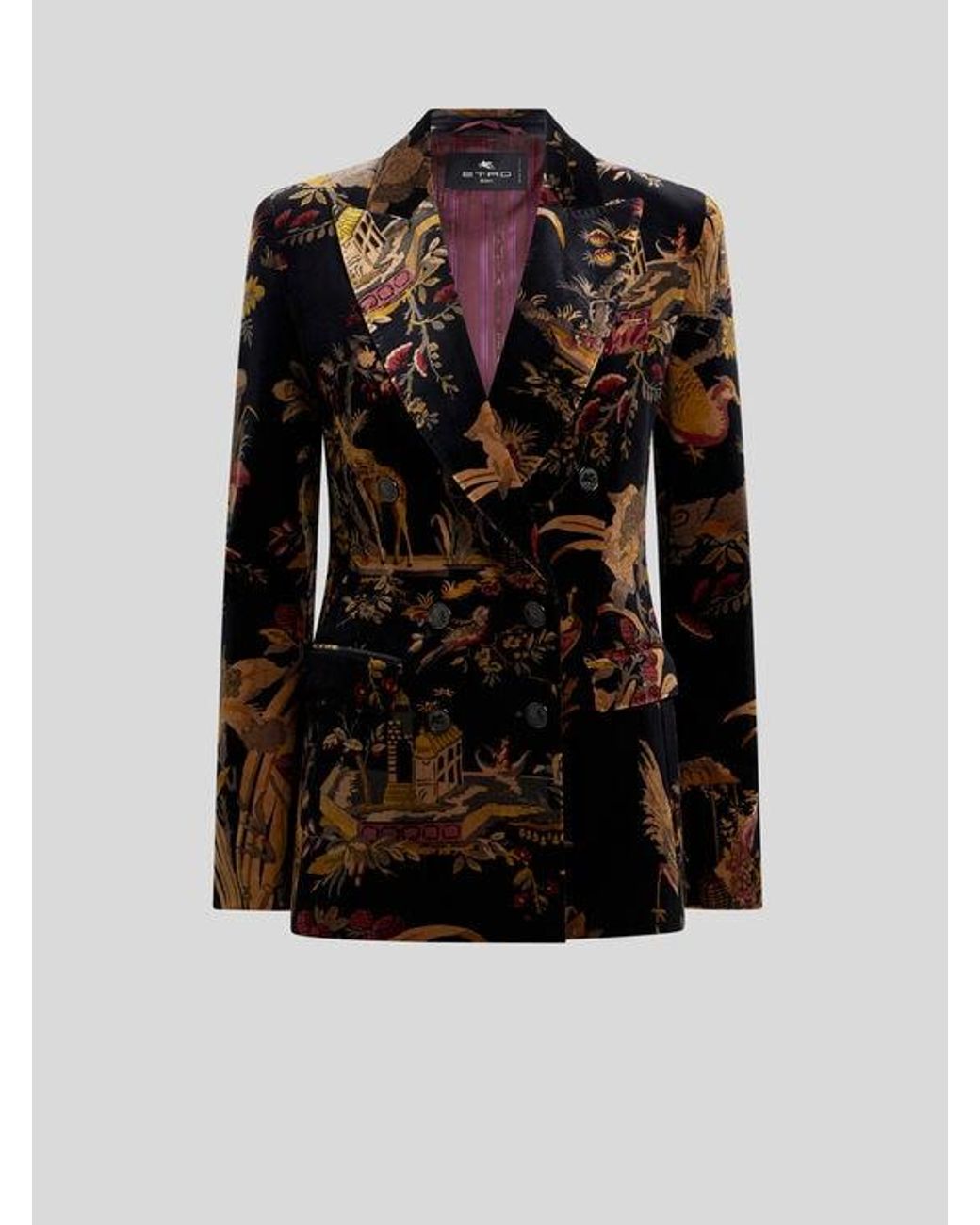 Etro Black Double-Breasted Cotton Velvet Jacket With Flower And Animal Overprint