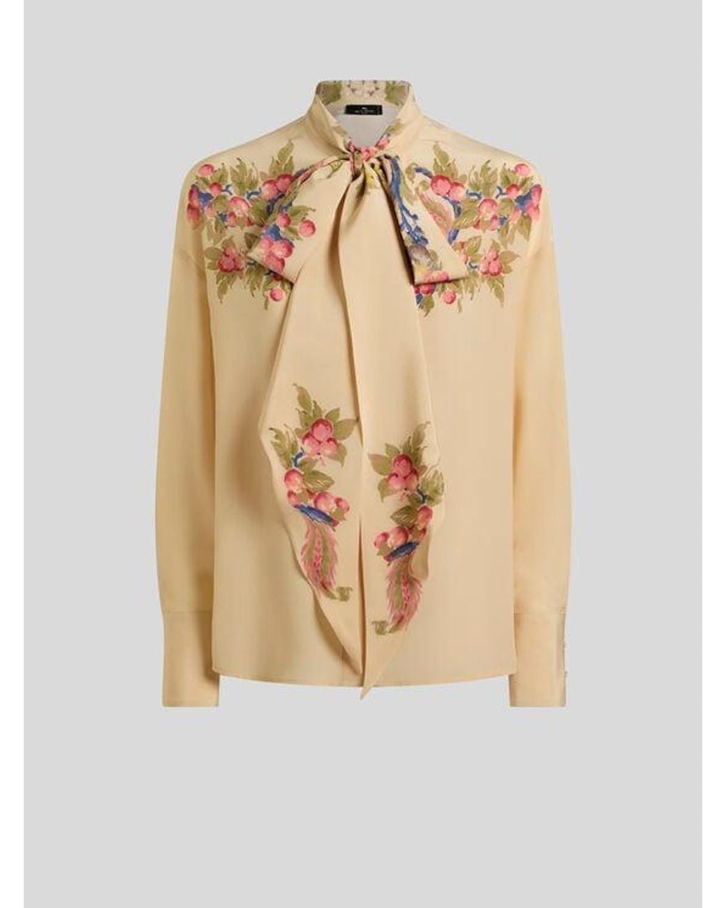 Etro Natural Silk Shirt With Silk Scarf And Placed Floral Print