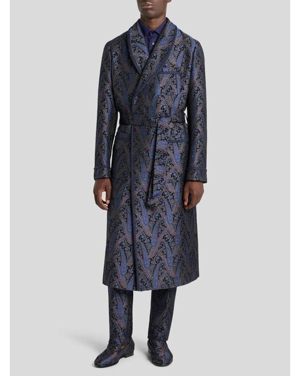 Etro Blue Chenille Jacquard Robe Coat With Metallic Paisley Motif for men