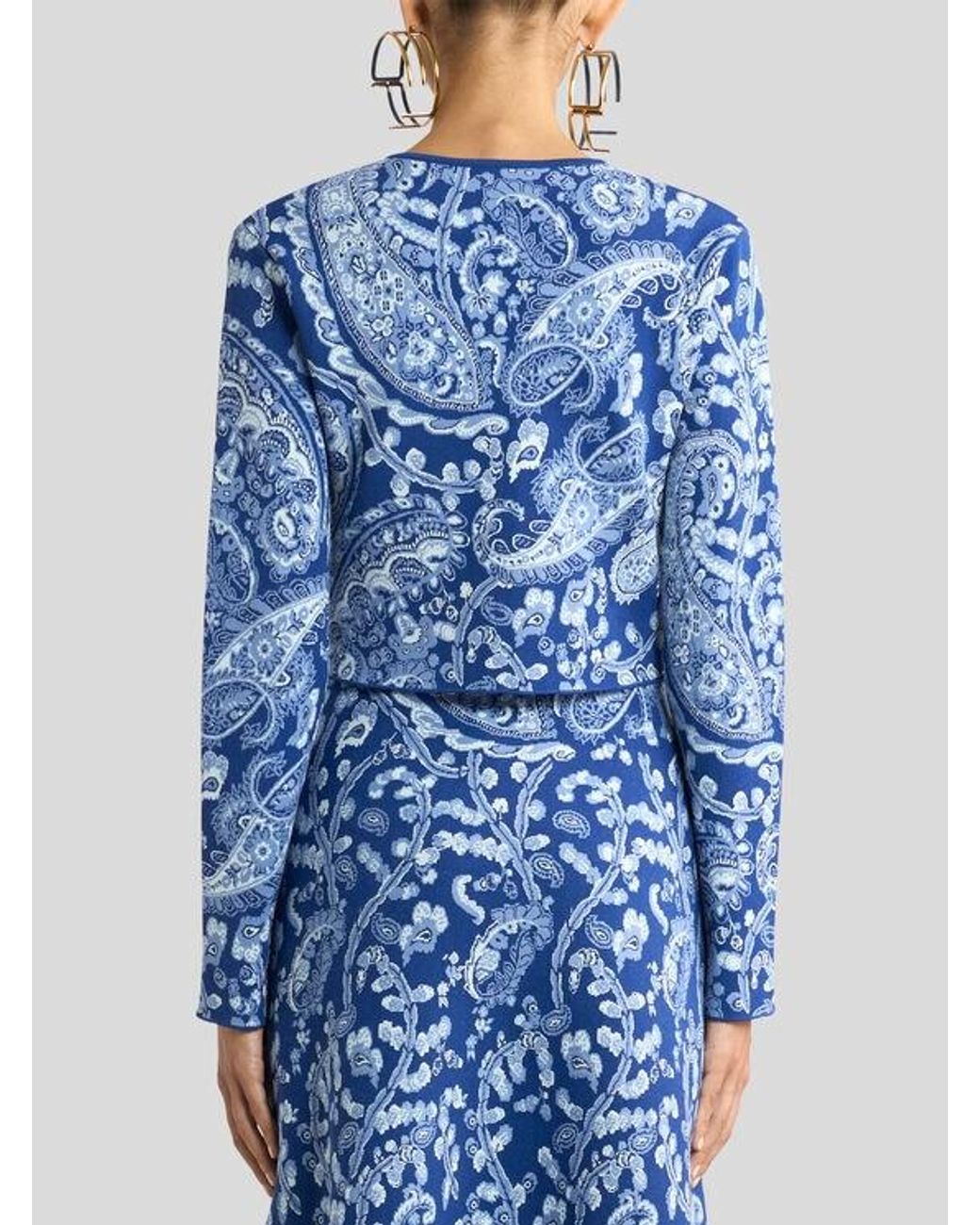 Etro Blue Jacquard Cropped Cardigan With Floral Paisley Motif