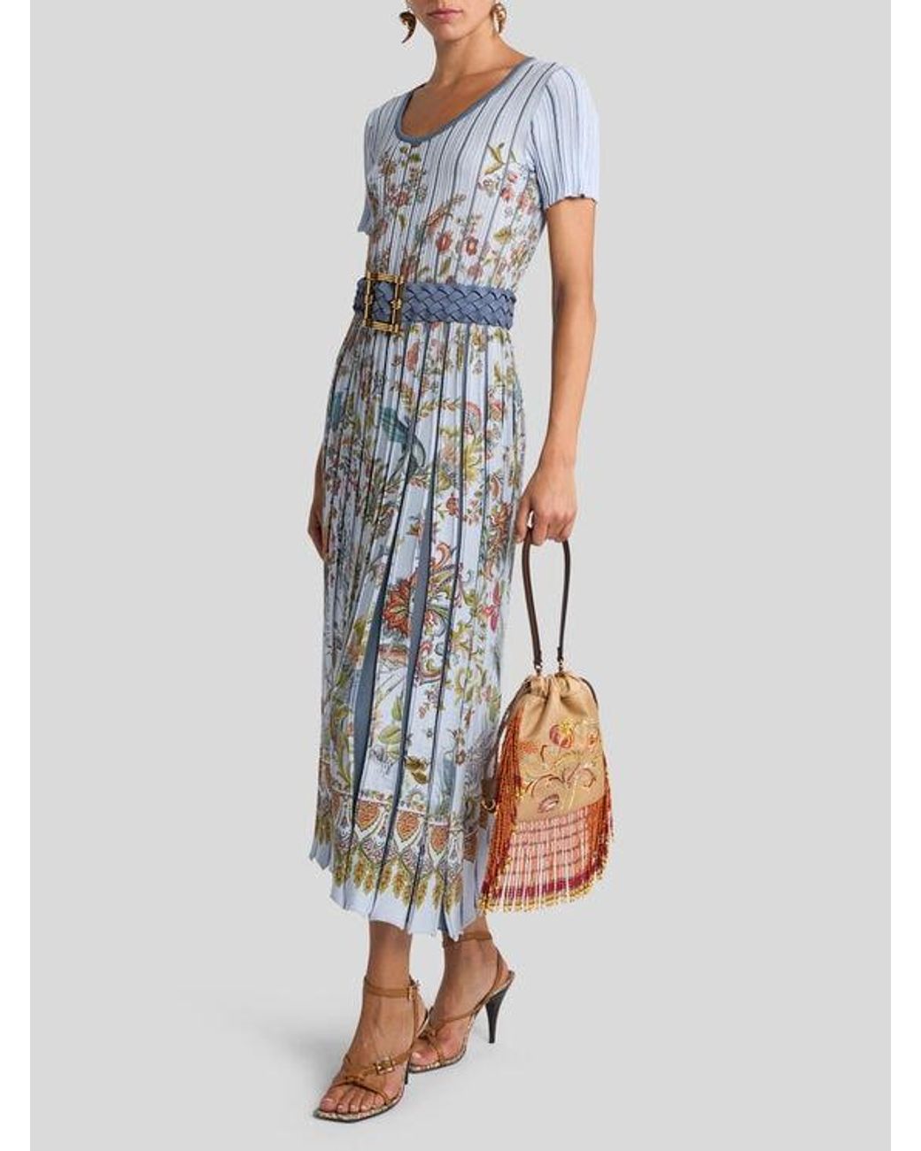 Etro White Pleated Cotton-Blend Midi Dress With Placed Print