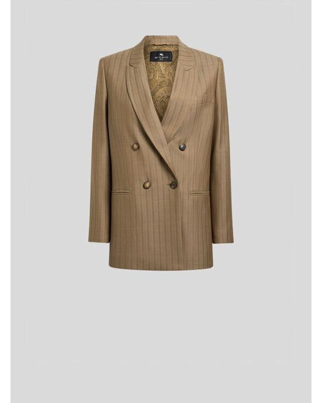 Etro Natural Double-Breasted Wool Jacquard Jacket With Striped Pattern