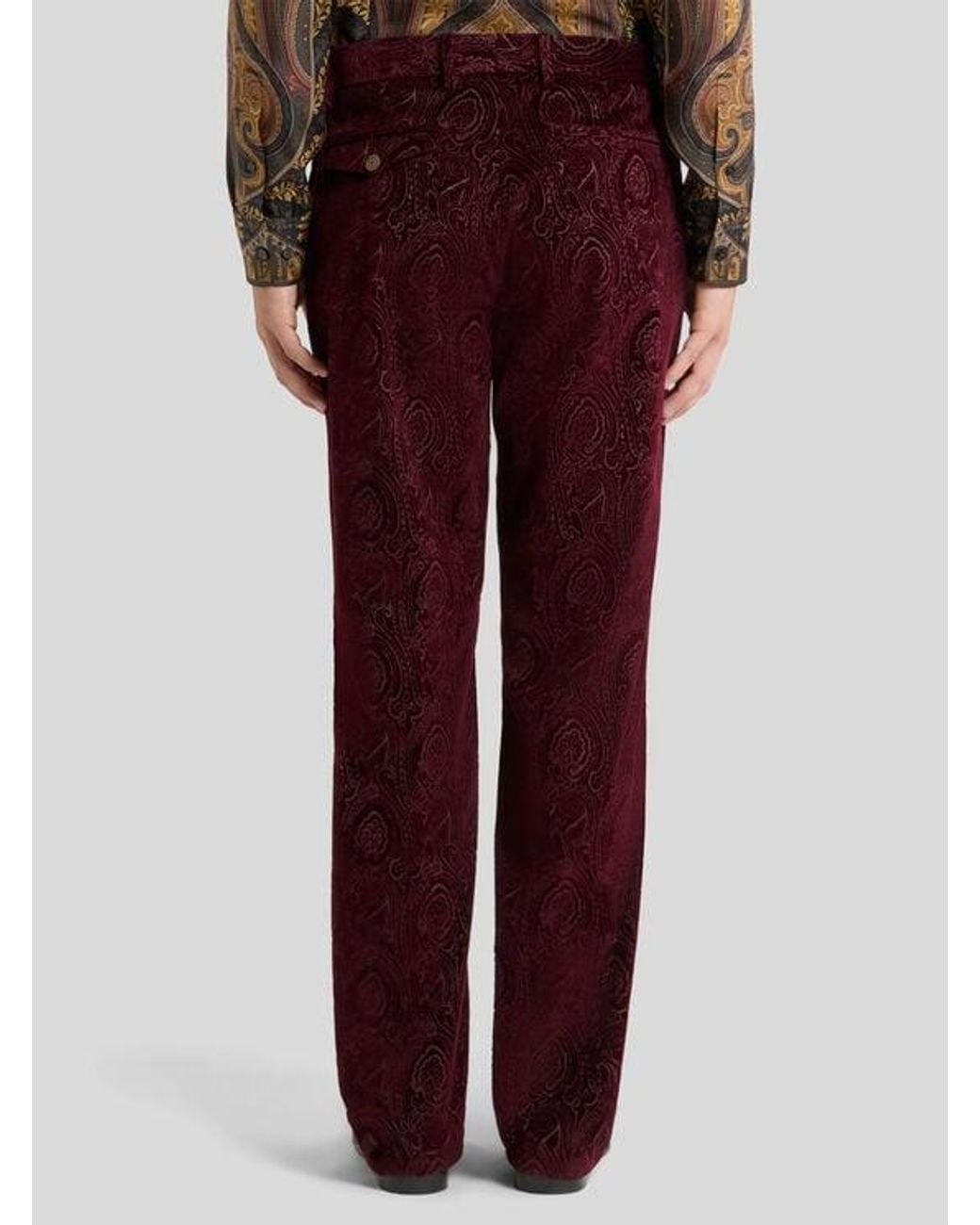 Etro Red Straight-Leg Cotton Velvet Trousers With Arnica Motif for men