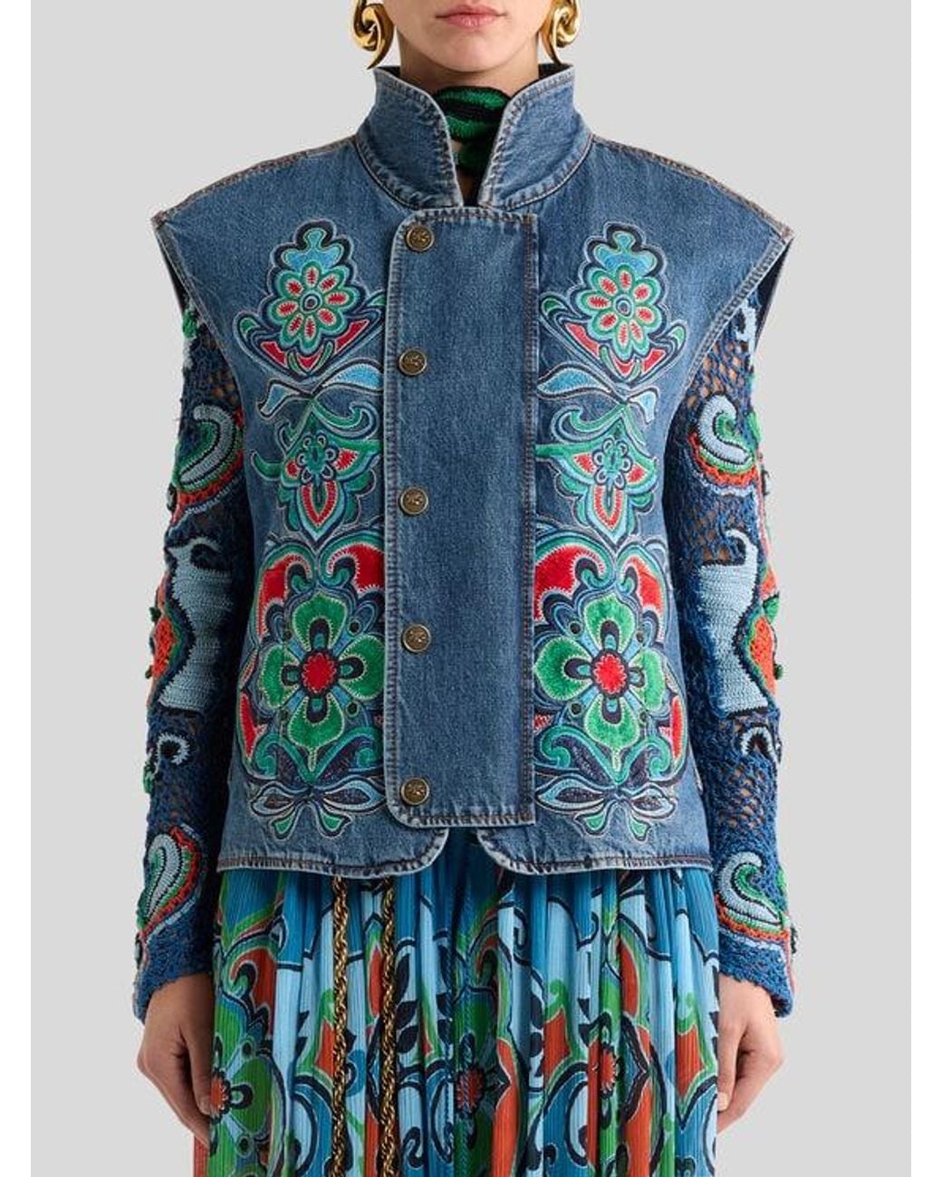 Etro Blue Denim Vest With Floral Motif
