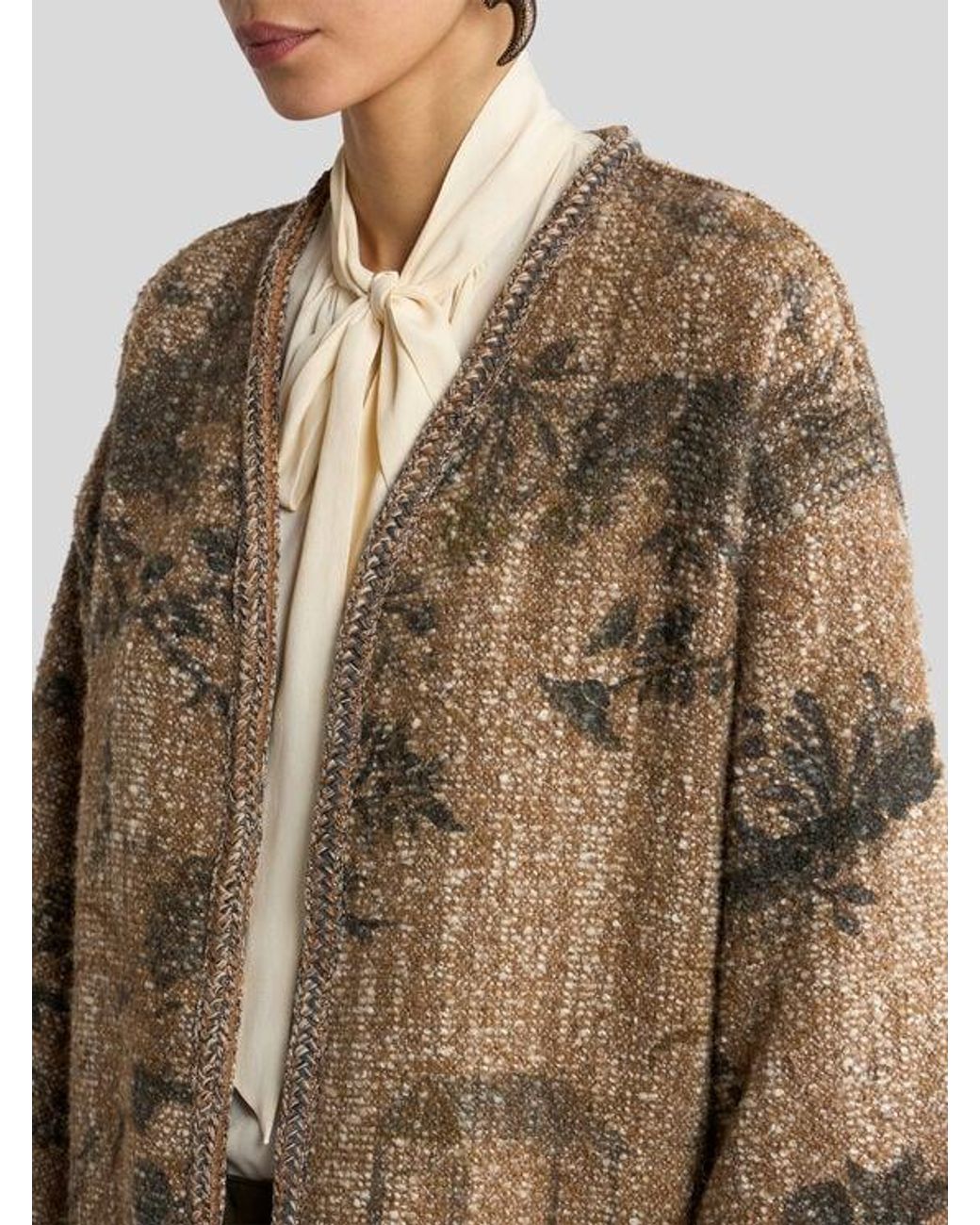 Etro Natural Bouclé Kesa With Flower And Animal Motif