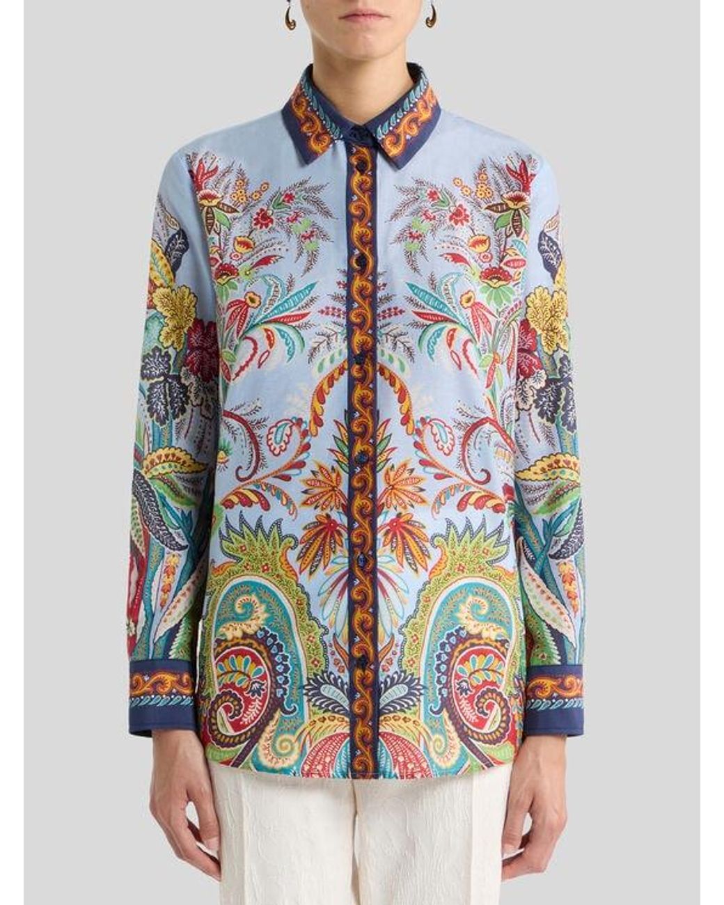Etro Blue Cotton And Silk Shirt With Placed Paisley Foliage Print