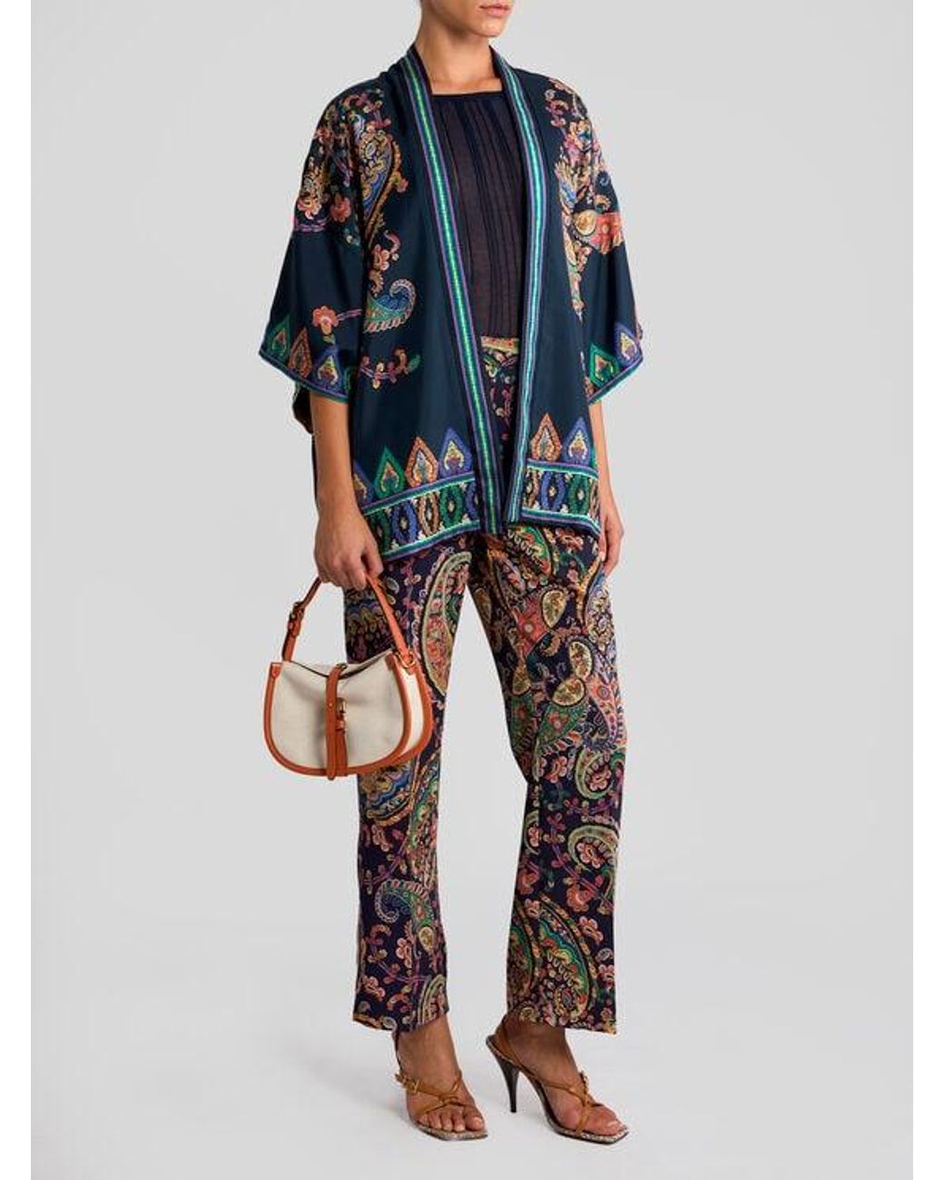 Etro Blue Silk Twill Kesa With Placed Floral Paisley Print