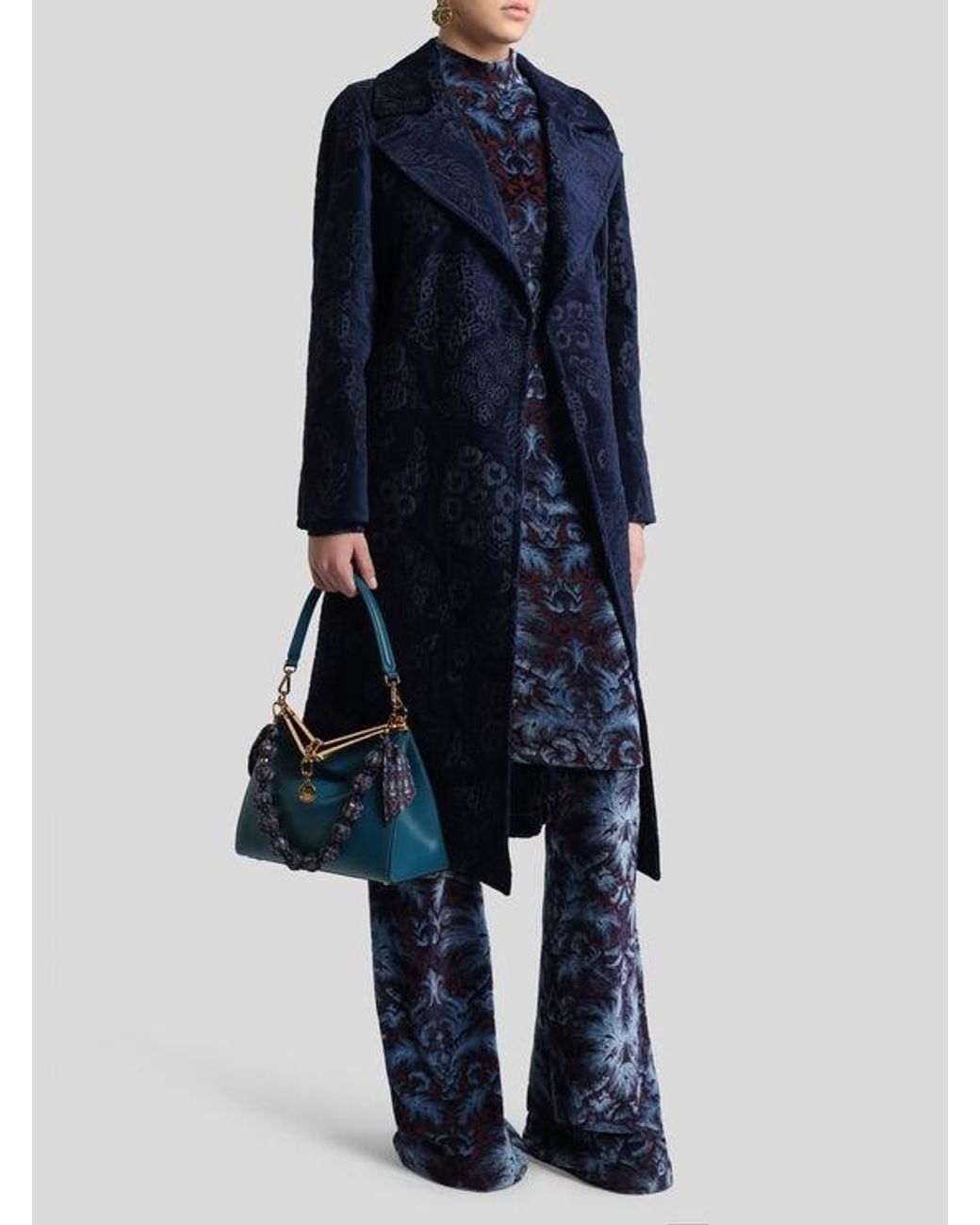 Etro Blue Chenille Jacquard Coat With Belt