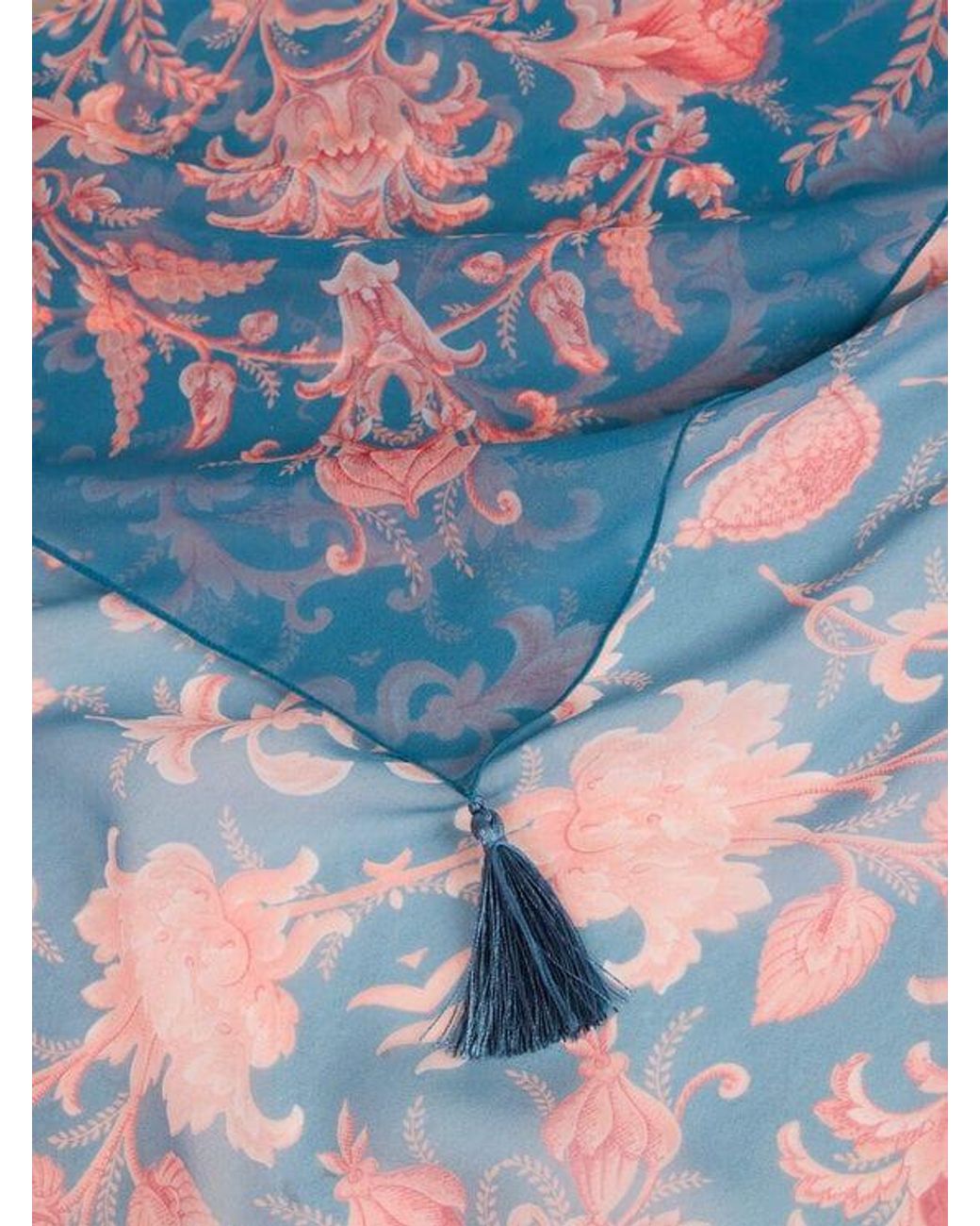 Etro Blue Silk Shawl With Floral Motif And Tassels