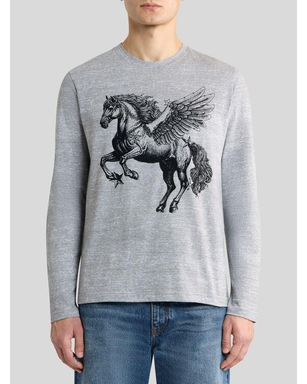 Etro Gray Cotton Sweater With Placed Pegaso Print for men