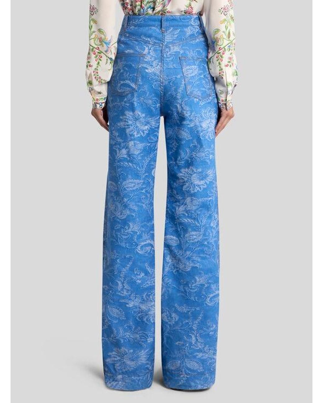 Etro Blue Flared Cotton And Linen Jacquard Denim Jeans With Floral Motif
